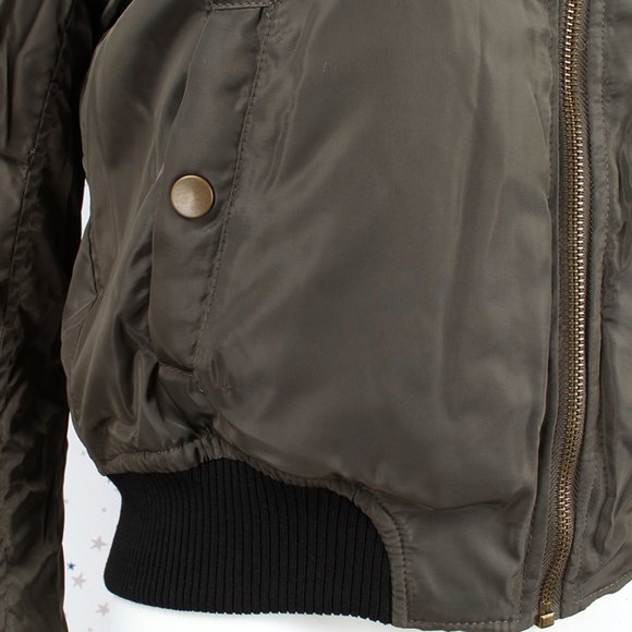 Fur Lined Short Bomber Jacket Patches Olive - Picture 4 of 8